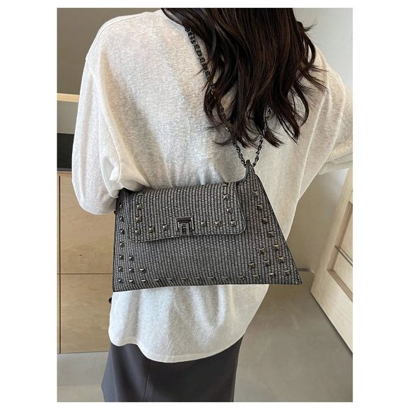 Rivet Studded Detail Hobo Handle Handbag Twist Lock Flap Shoulder Bag XD - Picture 5 of 7